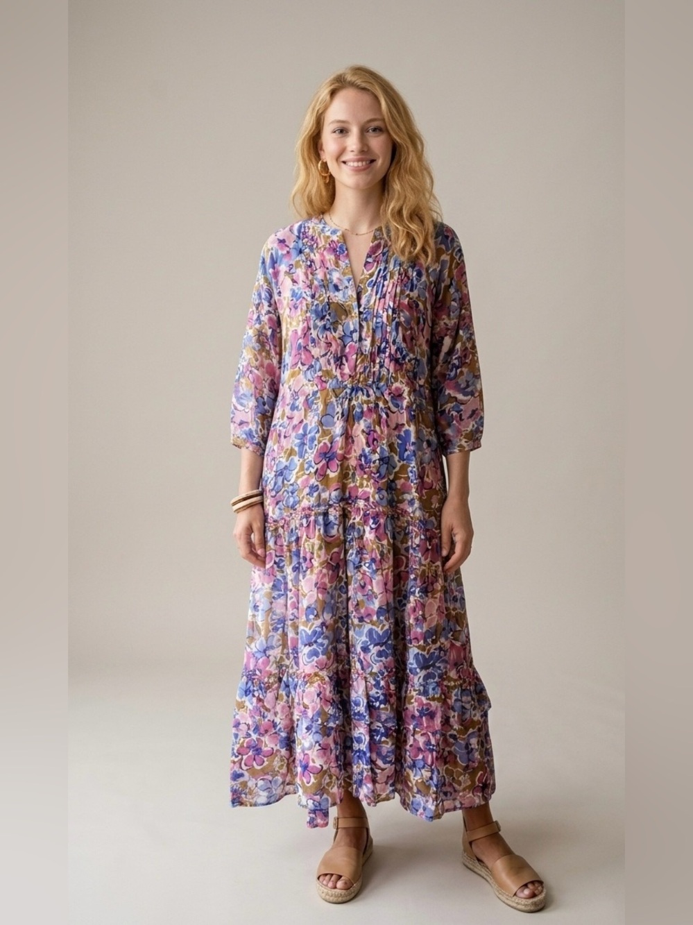 Banjanan Iris Floral Tiered Maxi Dress - Pink, Blue & olive - Size Medium